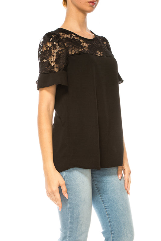 Women's Classic Solid Top with Lace Accent  Casual and Elegant