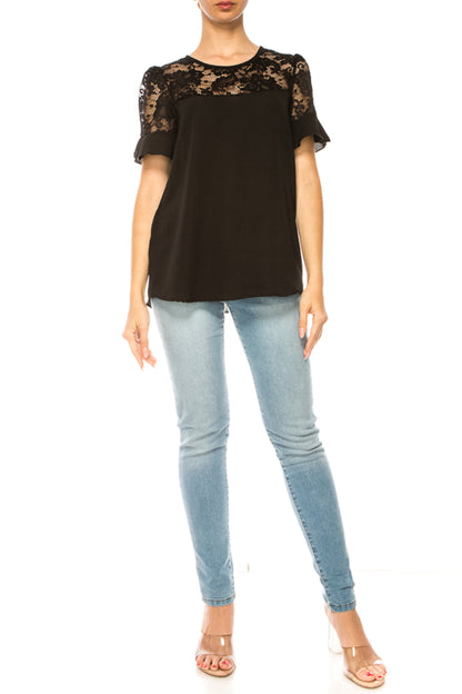 Women's Classic Solid Top with Lace Accent  Casual and Elegant