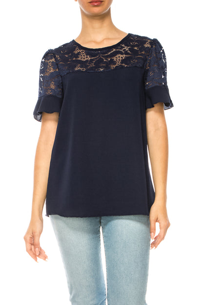 Women's Classic Solid Top with Lace Accent  Casual and Elegant