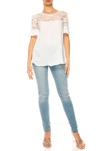 Women's Classic Solid Top with Lace Accent  Casual and Elegant