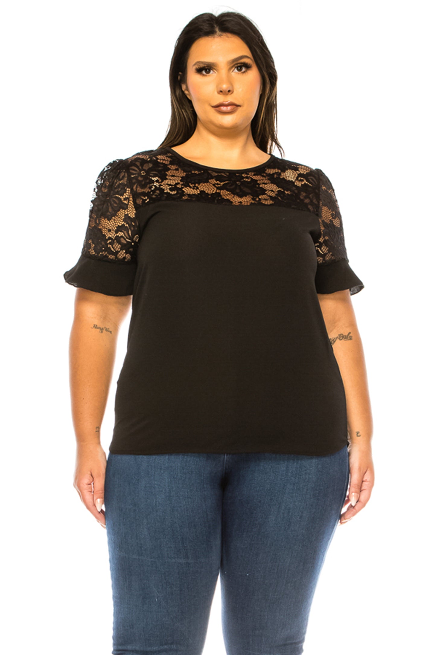 Women's Plus Size Classic Solid Top with Lace Accent - Casual and Elegant