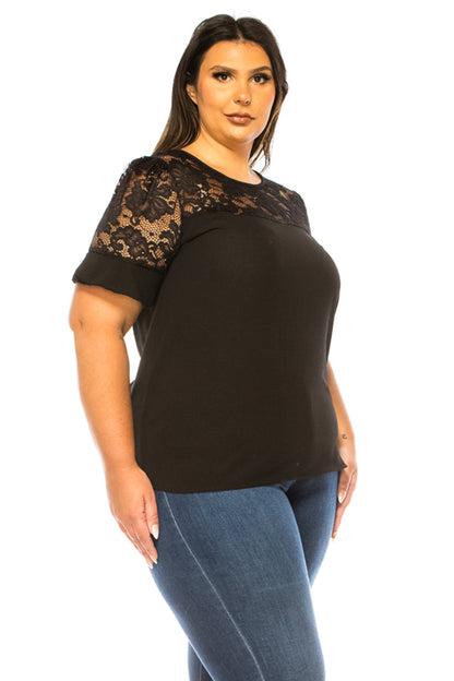 Women's Plus Size Classic Solid Top with Lace Accent - Casual and Elegant