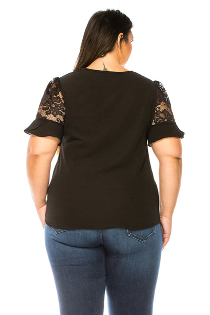 Women's Plus Size Classic Solid Top with Lace Accent - Casual and Elegant