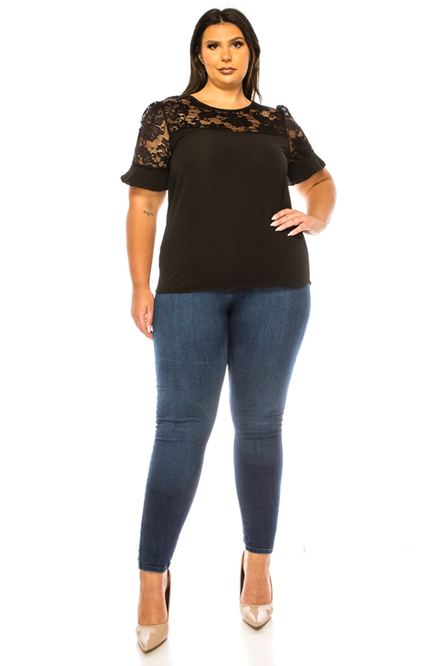 Women's Plus Size Classic Solid Top with Lace Accent - Casual and Elegant