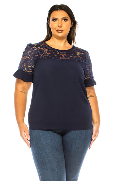 Women's Plus Size Classic Solid Top with Lace Accent - Casual and Elegant