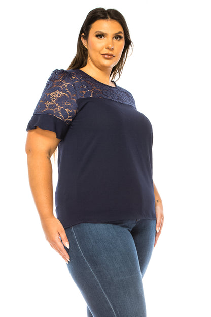 Women's Plus Size Classic Solid Top with Lace Accent - Casual and Elegant