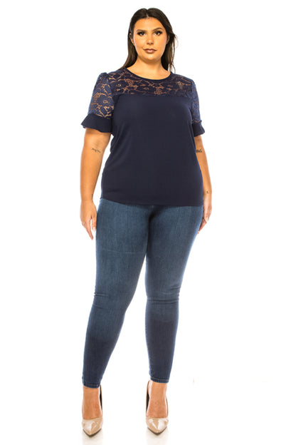 Women's Plus Size Classic Solid Top with Lace Accent - Casual and Elegant