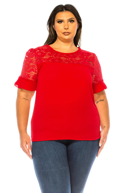 Women's Plus Size Classic Solid Top with Lace Accent - Casual and Elegant