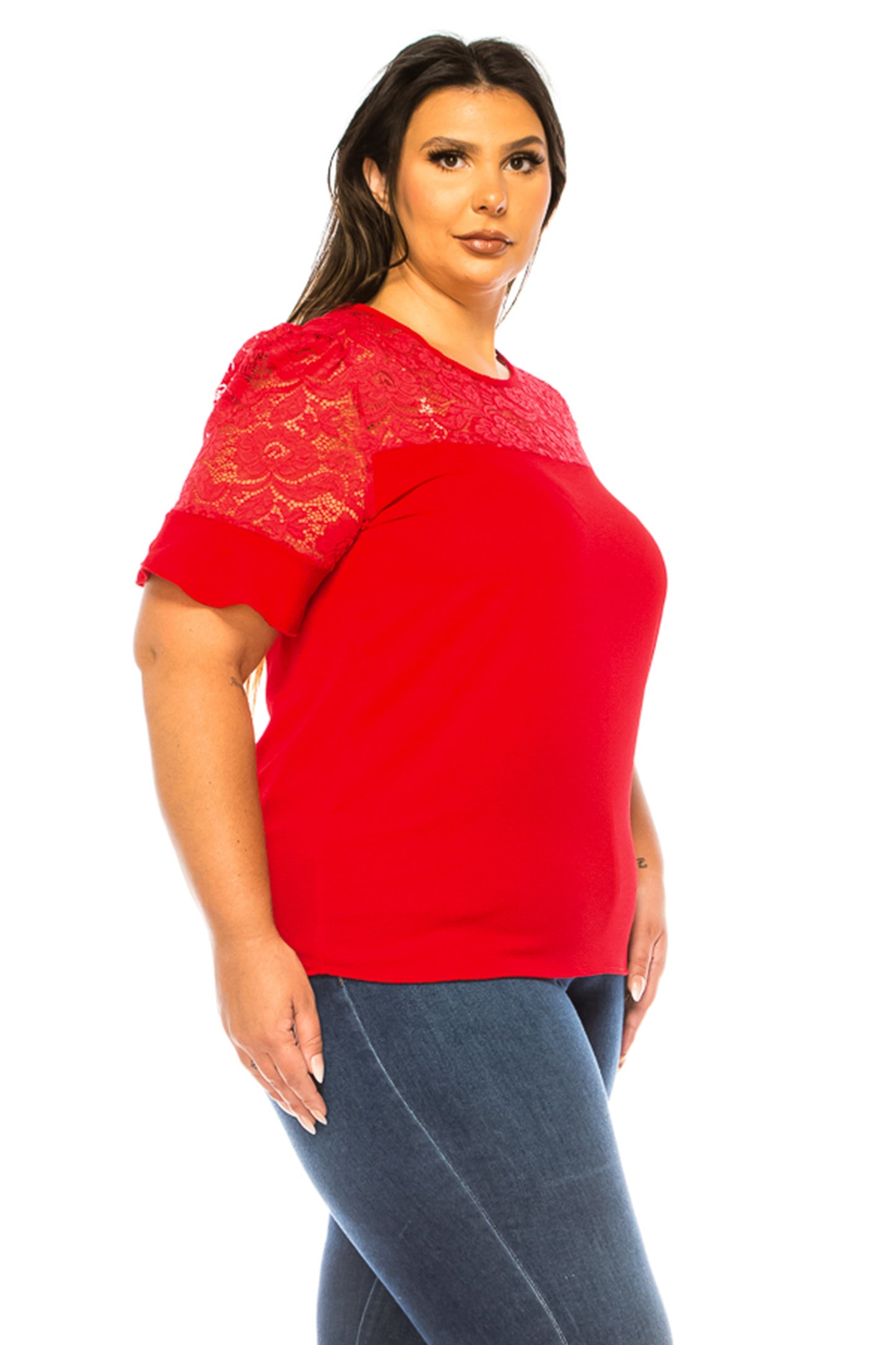 Women's Plus Size Classic Solid Top with Lace Accent - Casual and Elegant