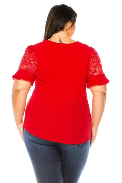 Women's Plus Size Classic Solid Top with Lace Accent - Casual and Elegant