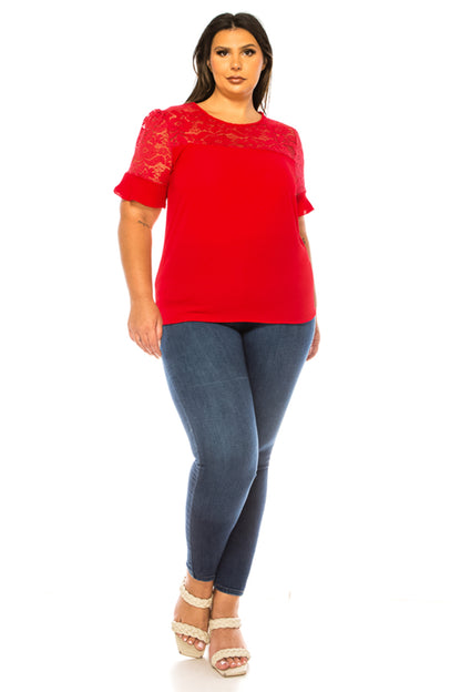 Women's Plus Size Classic Solid Top with Lace Accent - Casual and Elegant