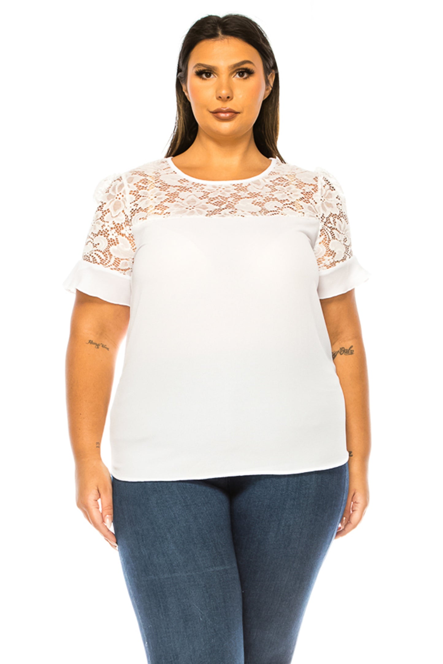 Women's Plus Size Classic Solid Top with Lace Accent - Casual and Elegant