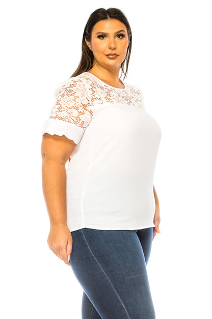 Women's Plus Size Classic Solid Top with Lace Accent - Casual and Elegant