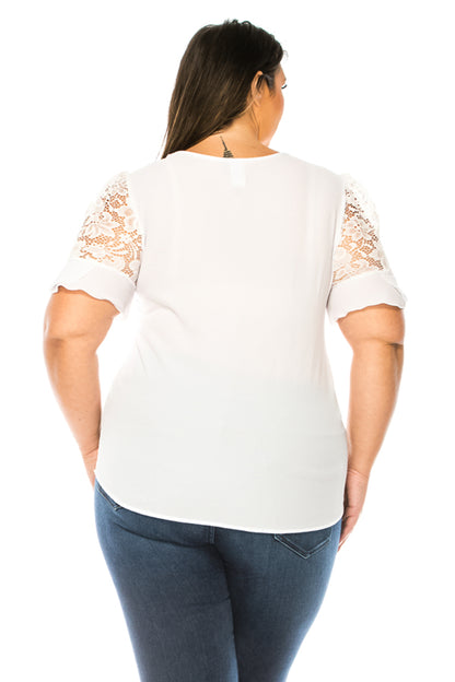 Women's Plus Size Classic Solid Top with Lace Accent - Casual and Elegant