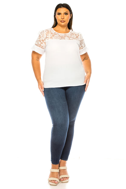 Women's Plus Size Classic Solid Top with Lace Accent - Casual and Elegant