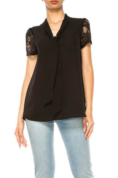 Women's Solid Top with Front Tie Collar and Lace Sleeves