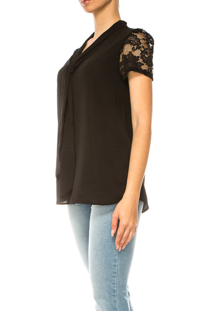 Women's Solid Top with Front Tie Collar and Lace Sleeves