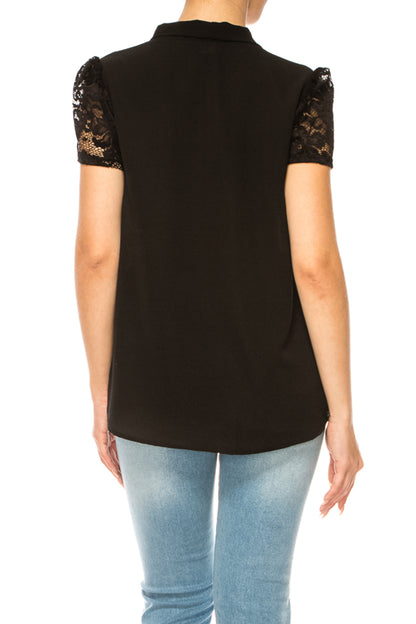 Women's Solid Top with Front Tie Collar and Lace Sleeves