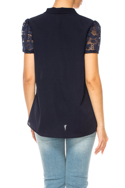 Women's Solid Top with Front Tie Collar and Lace Sleeves