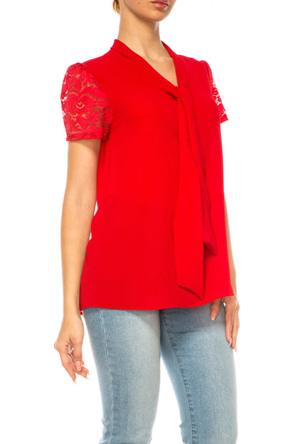 Women's Solid Top with Front Tie Collar and Lace Sleeves