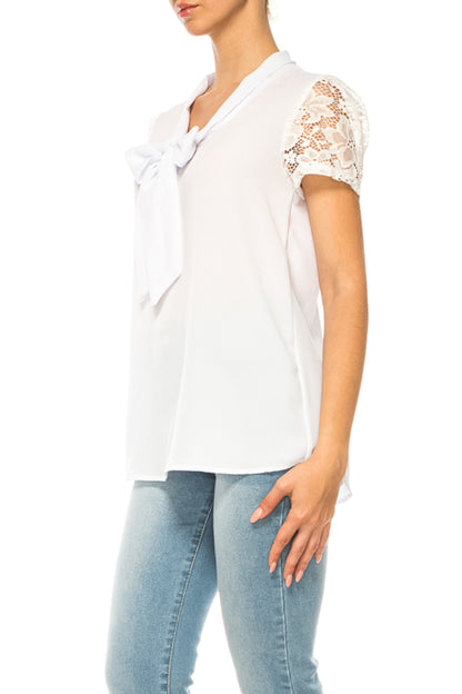 Women's Solid Top with Front Tie Collar and Lace Sleeves