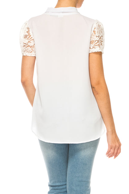 Women's Solid Top with Front Tie Collar and Lace Sleeves