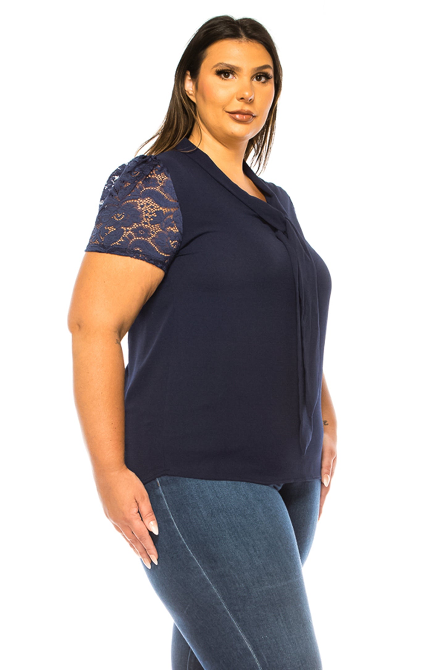 Women's Plus Size Solid Top with Front Tie Collar and Lace Sleeves - Elegant and Casual