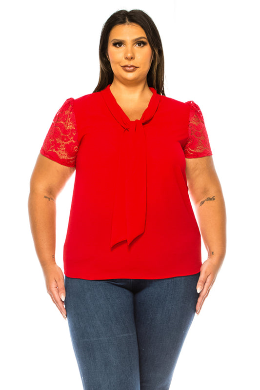 Women's Plus Size Solid Top with Front Tie Collar and Lace Sleeves - Elegant and Casual