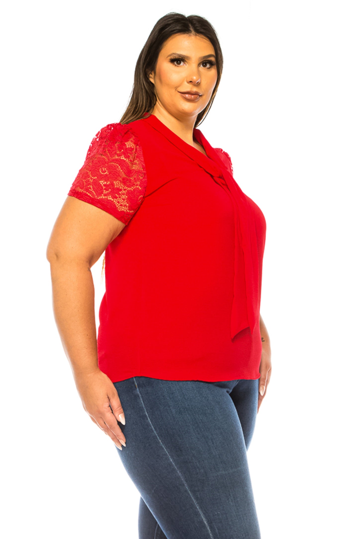 Women's Plus Size Solid Top with Front Tie Collar and Lace Sleeves - Elegant and Casual