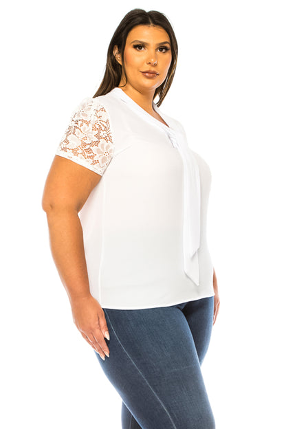 Women's Plus Size Solid Top with Front Tie Collar and Lace Sleeves - Elegant and Casual