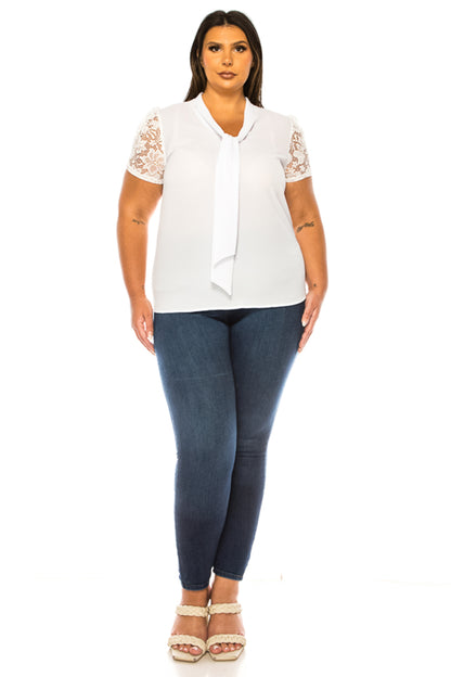 Women's Plus Size Solid Top with Front Tie Collar and Lace Sleeves - Elegant and Casual