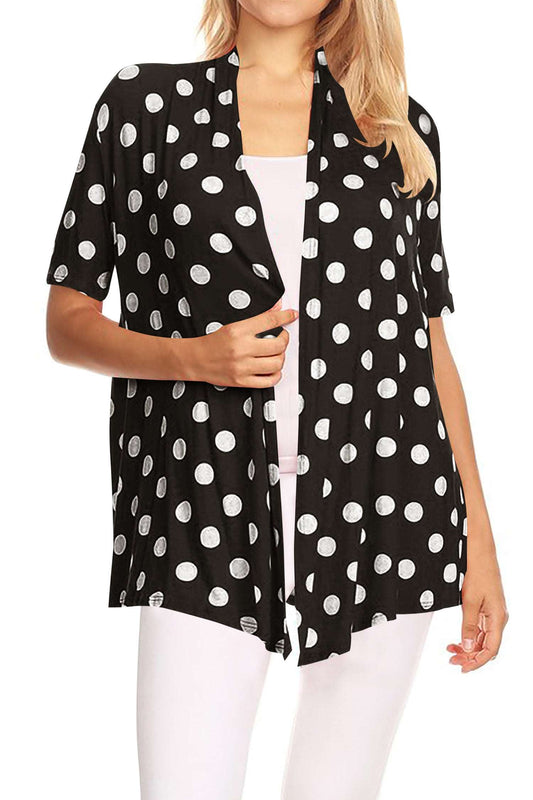 Women's Basic Short Sleeves Loose Fit Casual Comfy Open Front Polka Dot Summer Cardigan