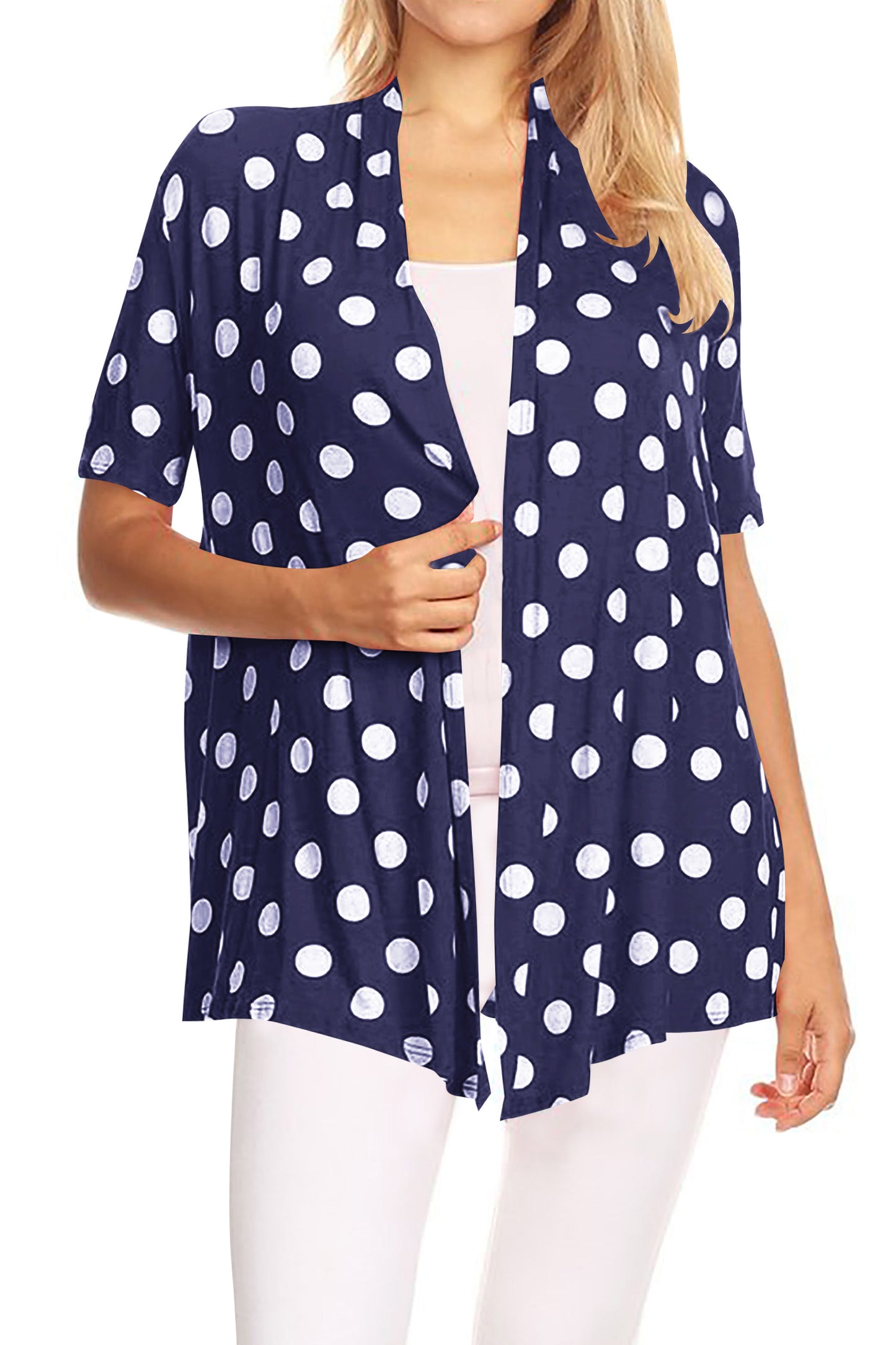 Women's Basic Short Sleeves Loose Fit Casual Comfy Open Front Polka Dot Summer Cardigan