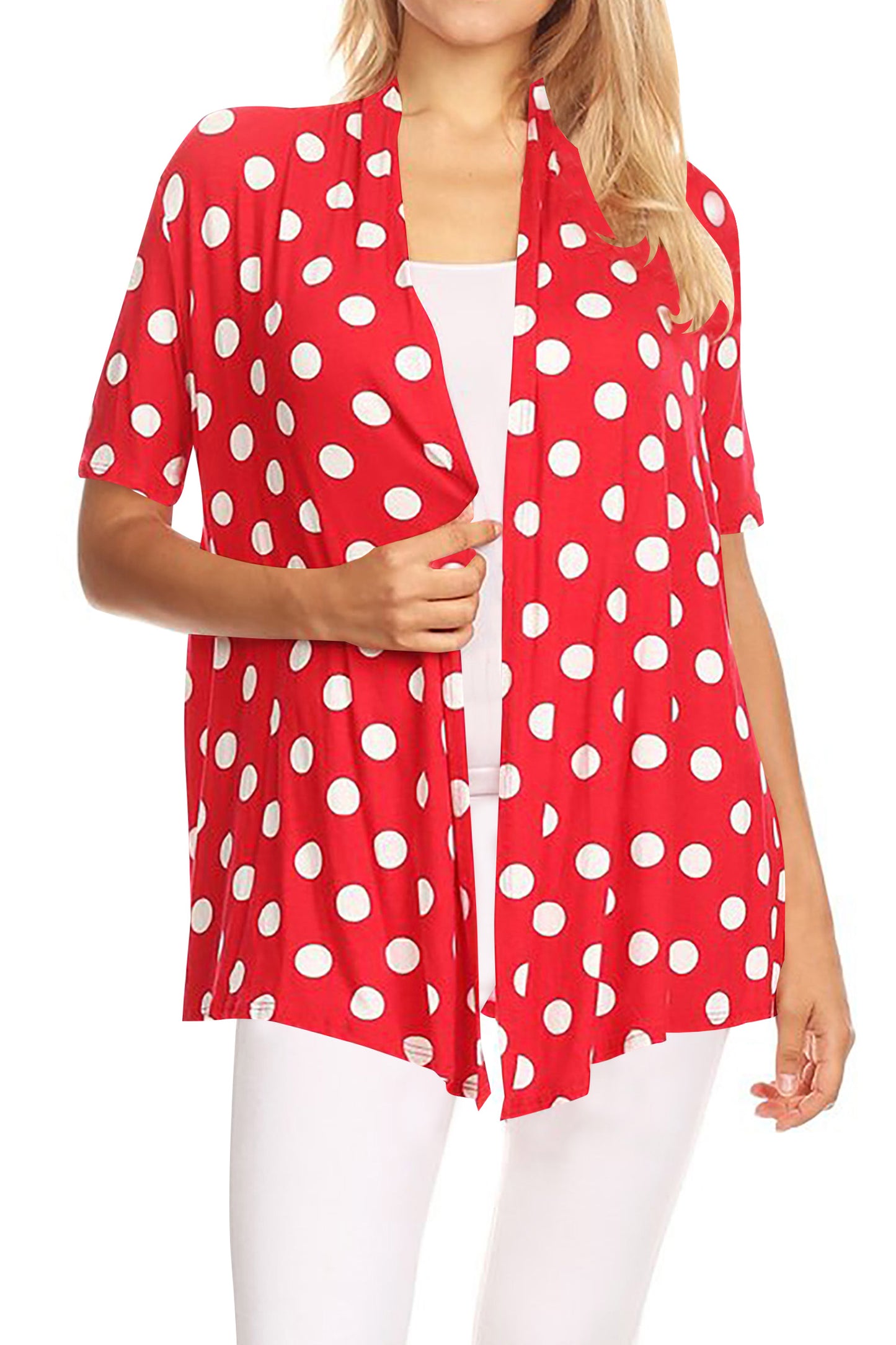 Women's Basic Short Sleeves Loose Fit Casual Comfy Open Front Polka Dot Summer Cardigan