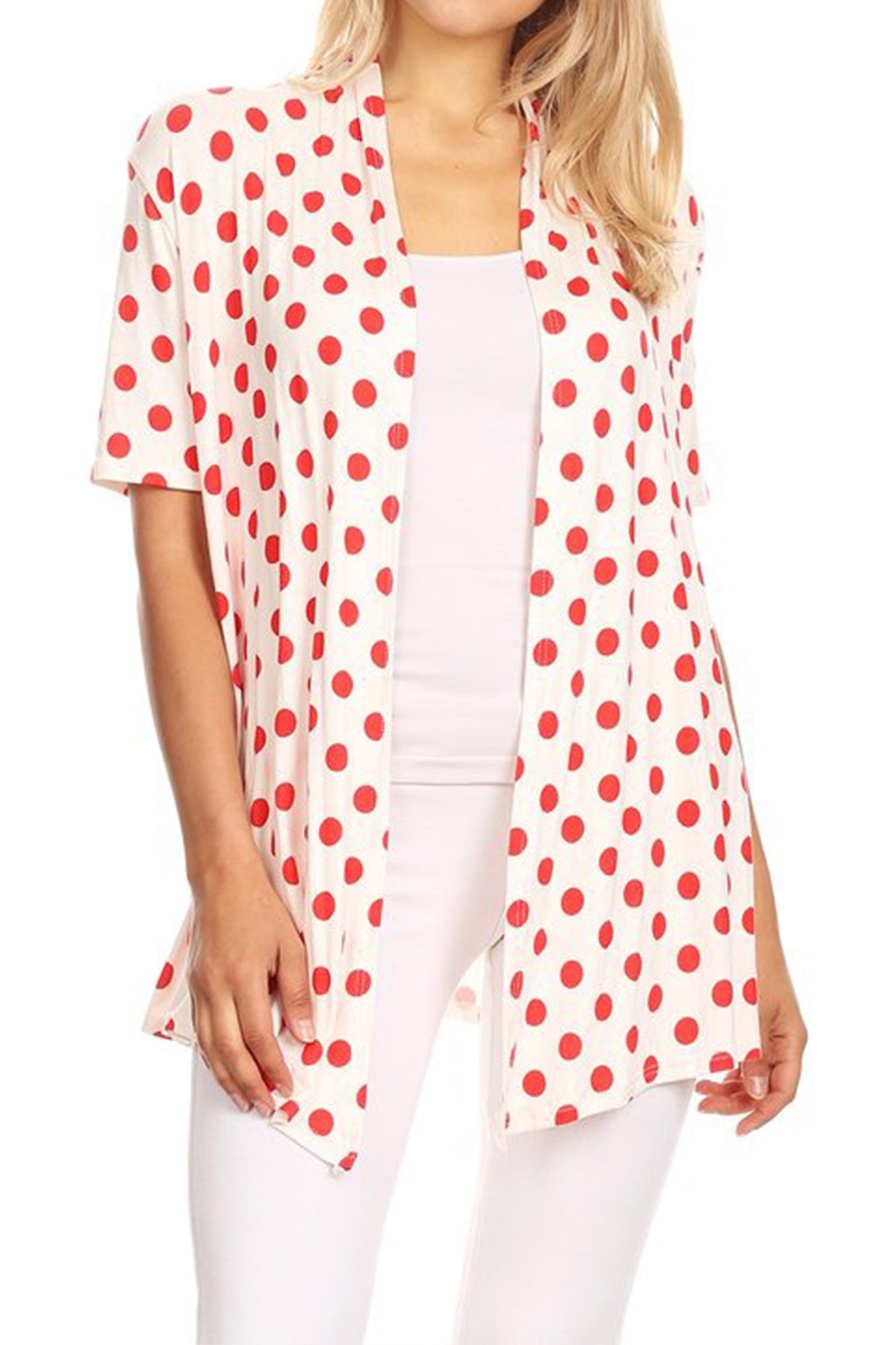 Women's Basic Short Sleeves Loose Fit Casual Comfy Open Front Polka Dot Summer Cardigan