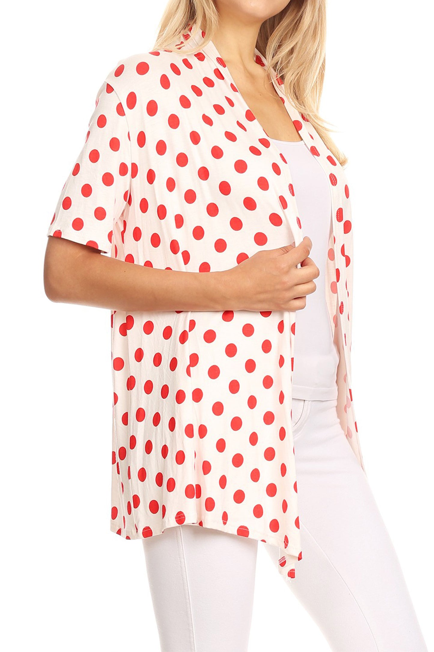 Women's Basic Short Sleeves Loose Fit Casual Comfy Open Front Polka Dot Summer Cardigan