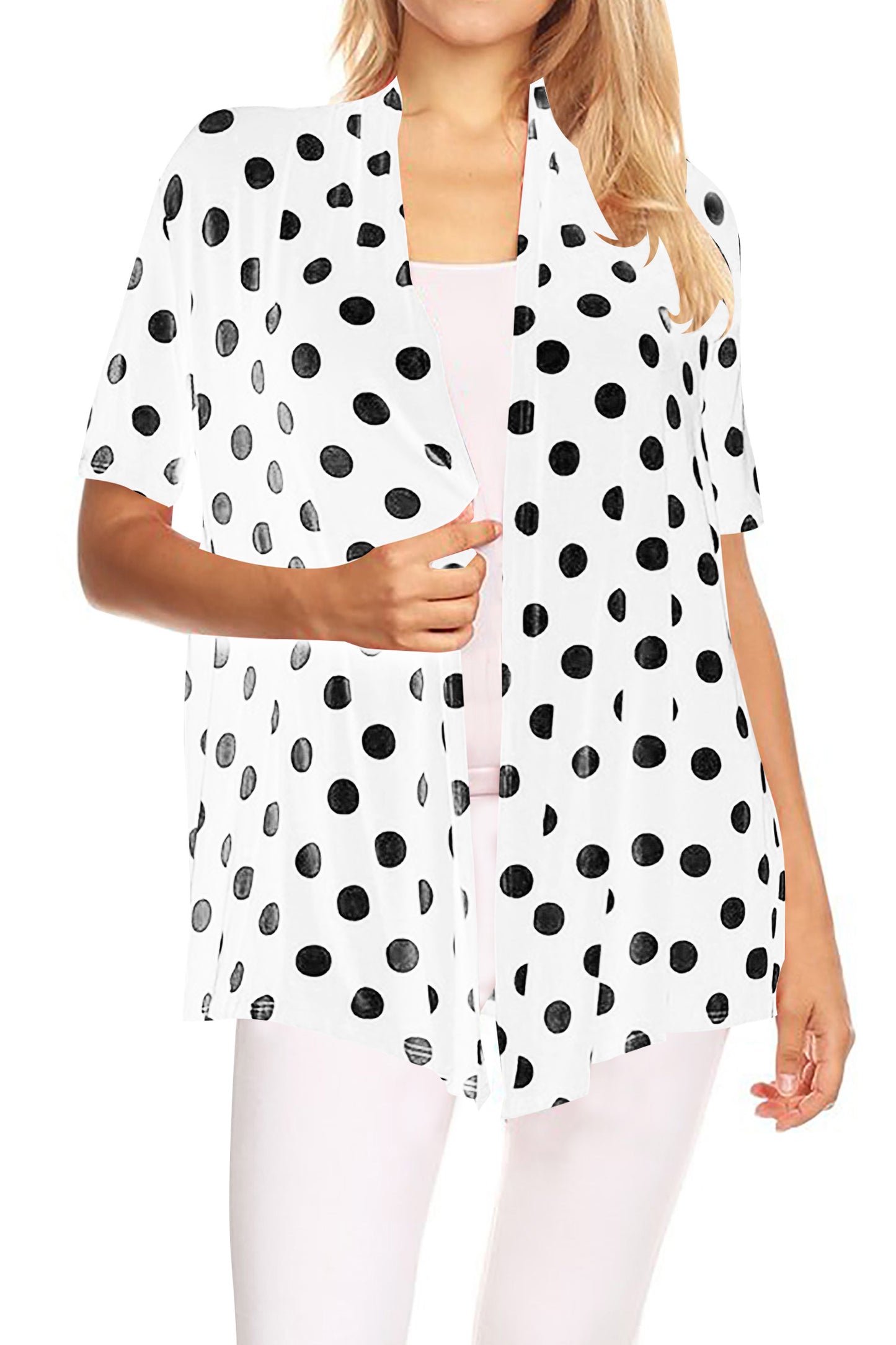 Women's Basic Short Sleeves Loose Fit Casual Comfy Open Front Polka Dot Summer Cardigan