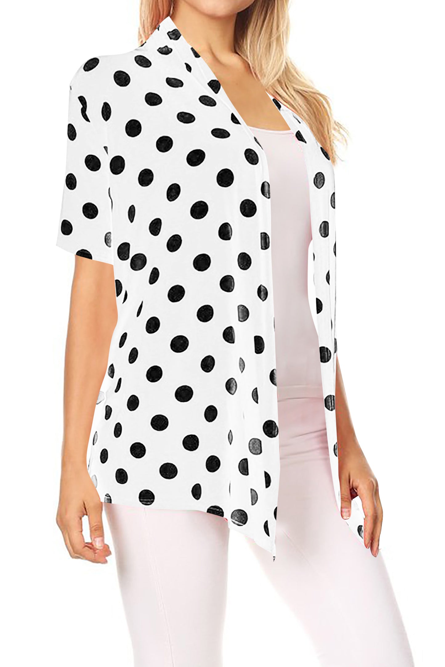 Women's Basic Short Sleeves Loose Fit Casual Comfy Open Front Polka Dot Summer Cardigan