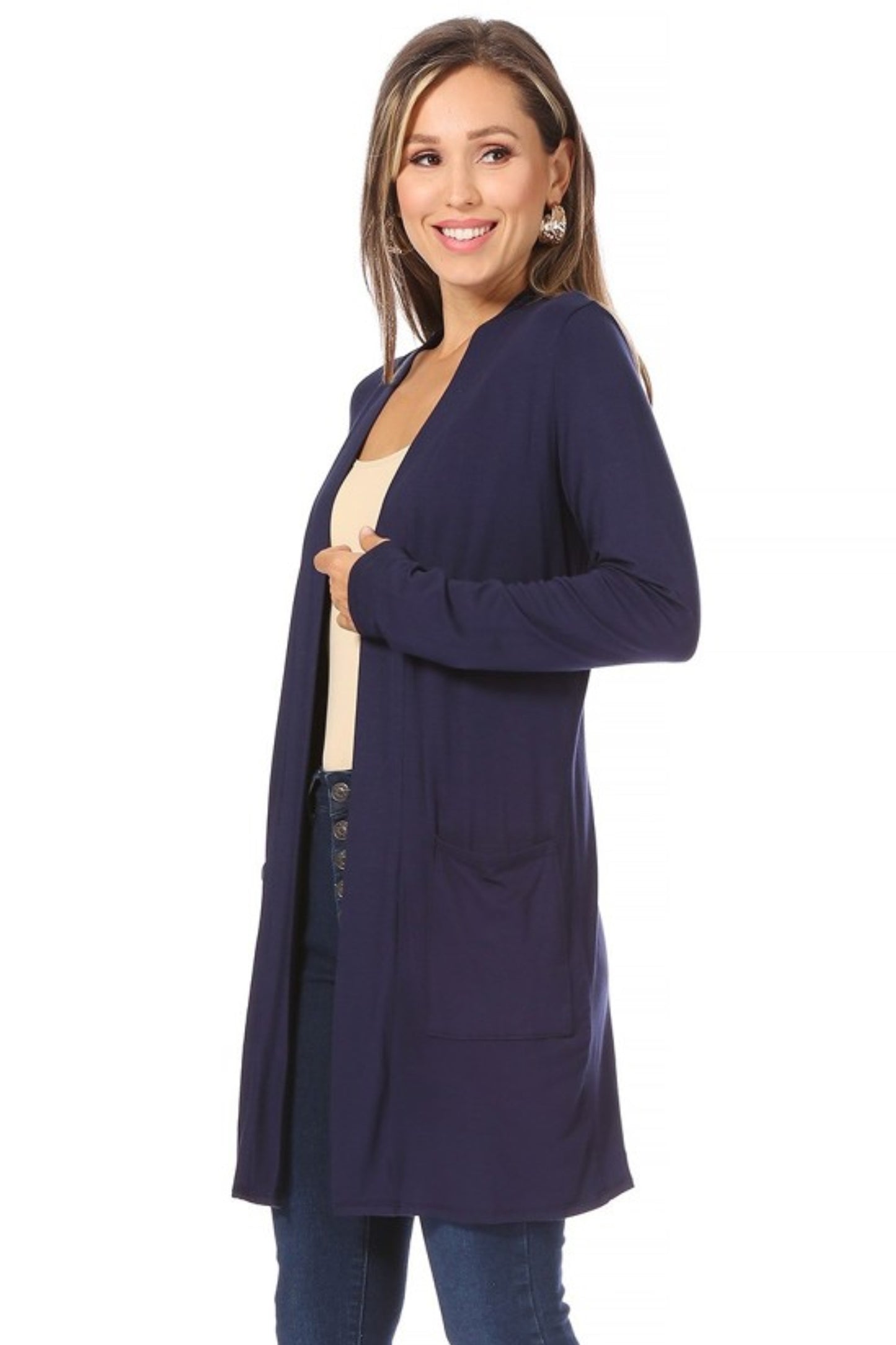 Women's Classic Open Front Long Sleeve Cardigan  with Side Pockets