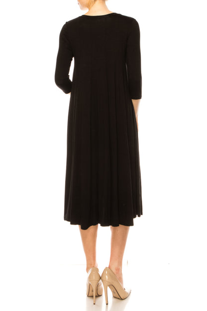 Women's A-Line Long Dress with 3/4 Sleeves and Relaxed Round Neckline