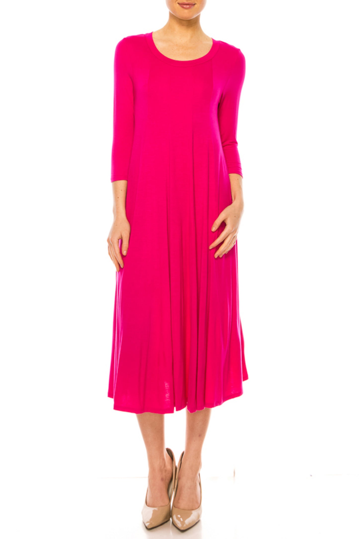 Women's A-Line Long Dress with 3/4 Sleeves and Relaxed Round Neckline