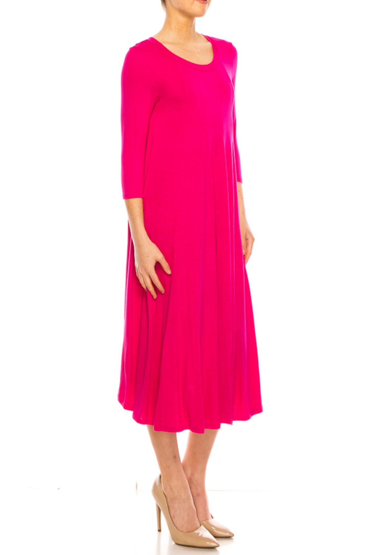 Women's A-Line Long Dress with 3/4 Sleeves and Relaxed Round Neckline