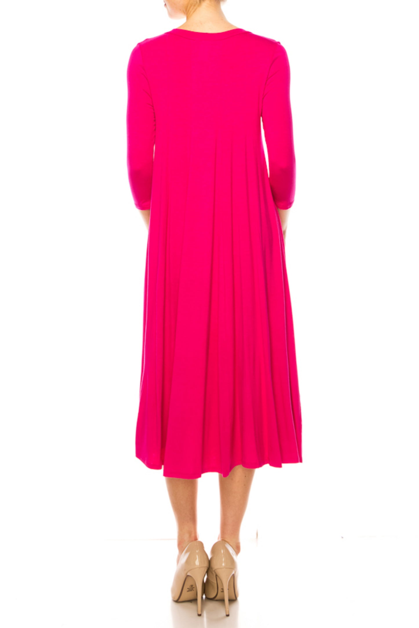 Women's A-Line Long Dress with 3/4 Sleeves and Relaxed Round Neckline