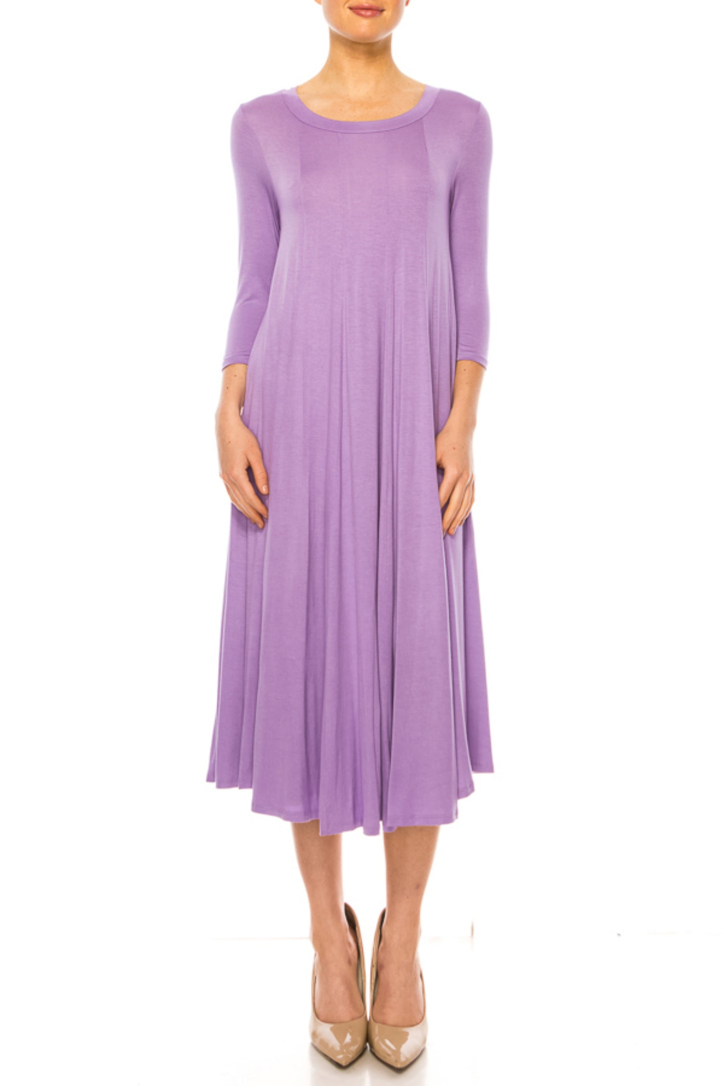 Women's A-Line Long Dress with 3/4 Sleeves and Relaxed Round Neckline