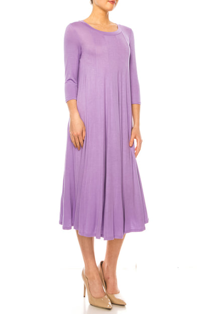 Women's A-Line Long Dress with 3/4 Sleeves and Relaxed Round Neckline