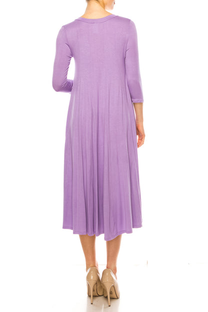 Women's A-Line Long Dress with 3/4 Sleeves and Relaxed Round Neckline