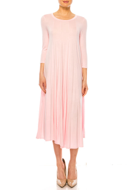 Women's A-Line Long Dress with 3/4 Sleeves and Relaxed Round Neckline