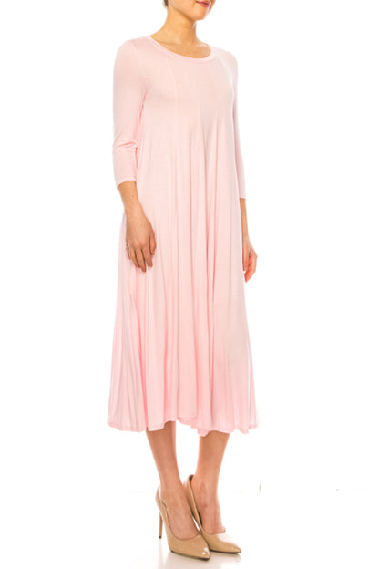 Women's A-Line Long Dress with 3/4 Sleeves and Relaxed Round Neckline