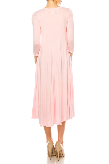 Women's A-Line Long Dress with 3/4 Sleeves and Relaxed Round Neckline