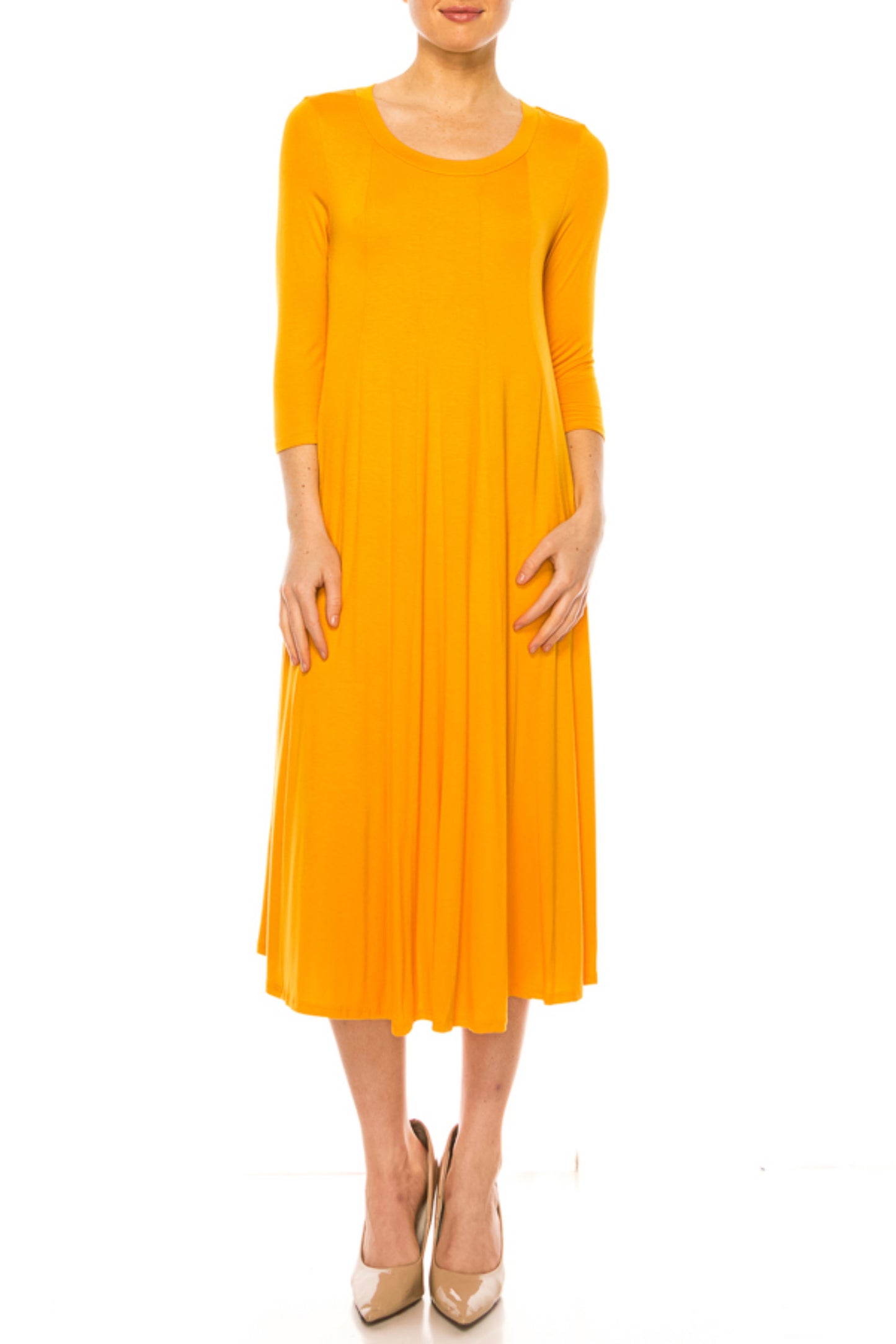 Women's A-Line Long Dress with 3/4 Sleeves and Relaxed Round Neckline